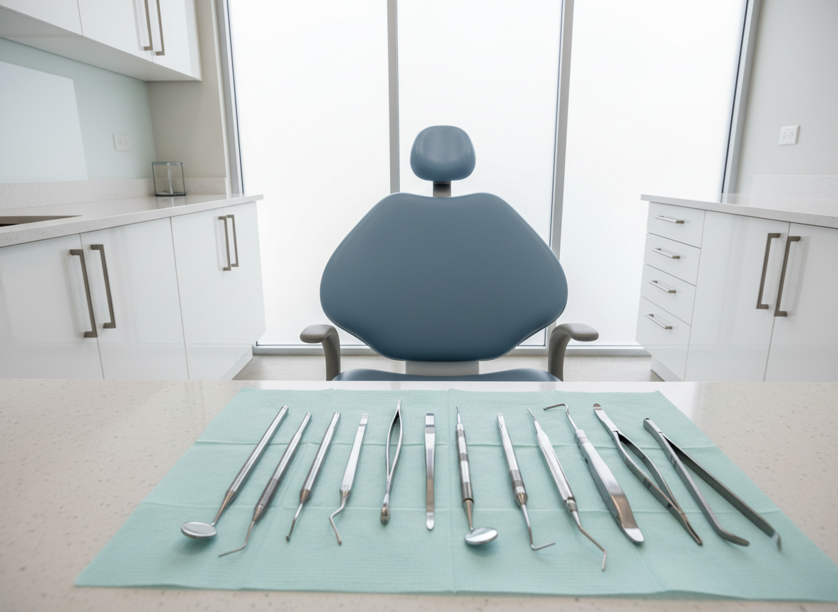 A meticulously organized dental treatment room presented in photographic realism, featuring a modern reclining dental chair in soft slate blue upholstery with a subtle matte texture. The chair is surrounded by sleek white cabinetry with brushed aluminum handles and a spotless quartz countertop holding neatly arranged, stainless steel dental instruments on a folded, pale teal sterile drape. Soft, diffused daylight enters through frosted glass panels, creating gentle highlights on the metal and smooth surfaces while casting minimal, calming shadows. The scene is shot at eye level with a slight wide-angle perspective, capturing the full room with sharp focus throughout. The atmosphere feels calm, reassuring, and clinically precise, emphasizing cleanliness and professional care in a contemporary, high-end clinic setting.