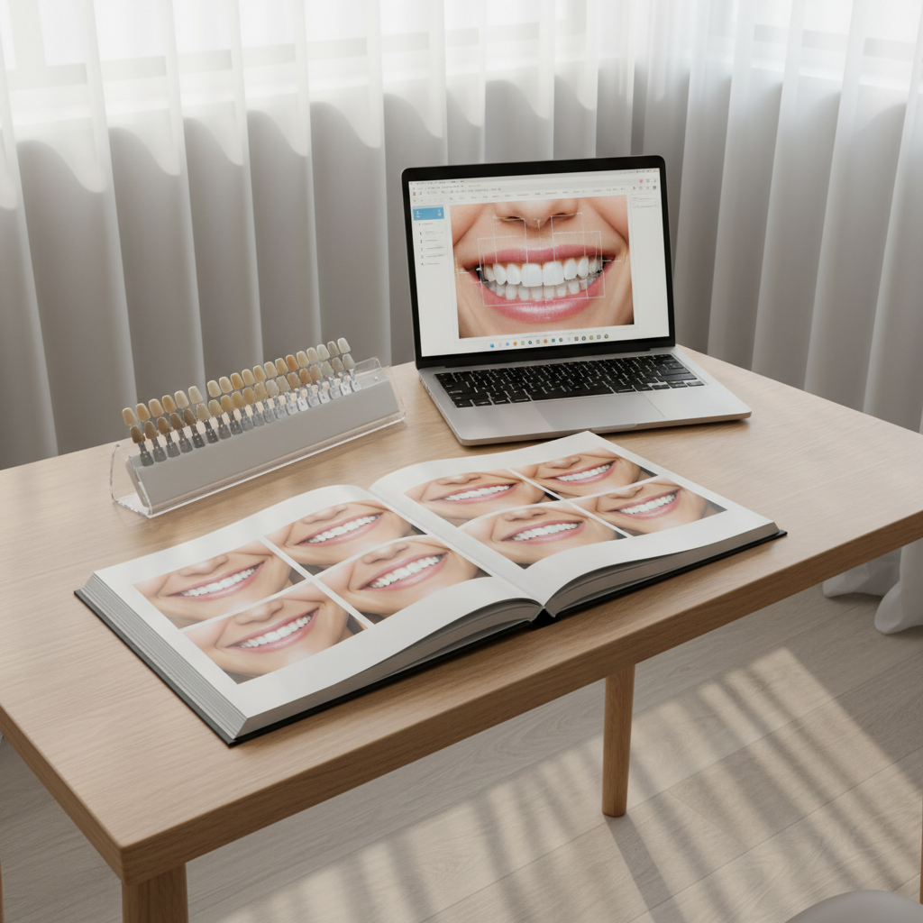 A refined cosmetic dentistry consultation setup in photographic realism, showing a polished light oak table with a gentle wood grain, placed in a quiet, softly lit corner of the clinic. On the table lies an open, high-quality photo book displaying before-and-after smile transformations, each image color-accurate and bordered by clean white margins. Beside it, a slim laptop rests partially open, its screen displaying a digital smile design with overlapping outlines on a set of teeth. A clear acrylic holder contains a fan-shaped arrangement of porcelain veneer shade tabs ranging from warm ivory to bright white. Natural daylight filters through sheer curtains, creating a calm glow and subtle, elongated shadows. Shot from a slightly elevated angle using the rule of thirds framing, the mood is thoughtful, aspirational, and gently encouraging, highlighting the artistry and planning behind crafting beautiful smiles.