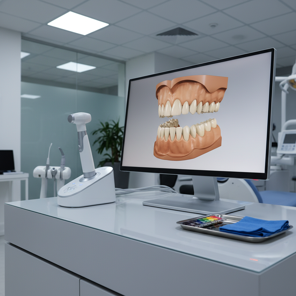 An elegant display of advanced dental technology in photographic realism, featuring a state-of-the-art intraoral scanner with a sleek white and silver handheld wand resting in its docking station beside a high-resolution monitor. The monitor shows a detailed 3D model of a patient’s upper and lower teeth in natural enamel shades, rotated slightly for clarity. The setup stands on a flawless light gray workstation with cable management hidden, next to a small tray holding color calibration tabs and a neatly folded microfiber cloth. Cool, balanced LED overhead lighting adds crisp clarity, creating precise highlights on the scanner and subtle reflections on the monitor. Captured from a three-quarter angle at eye level with sharp focus on the devices and a softly blurred clinical background, the scene conveys innovation, precision, and globally informed, cutting-edge dental care.