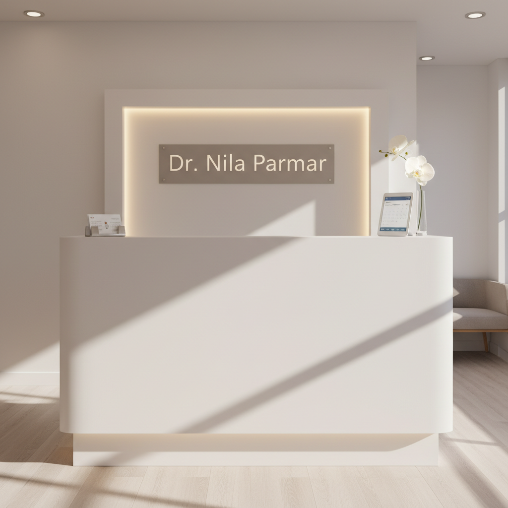 A welcoming front desk of a dental practice in photographic realism, without any people, showcasing a minimalist white reception counter with a smooth matte finish and a subtle bevel at the edge. On the countertop rests a small stack of neatly arranged appointment cards in a silver holder, a slim digital tablet angled upward, and a simple glass vase with a single white orchid, its petals luminous. Behind the desk, a softly backlit wall features a discreet, brushed metal nameplate reading “Dr. Nila Parmar” in elegant sans-serif lettering. Warm, indirect ceiling lighting and a wash of natural daylight from an unseen window create a serene glow and gentle shadows. Shot at a slightly elevated, centered angle with moderate depth of field, the atmosphere feels calm, professional, and reassuringly organized.
