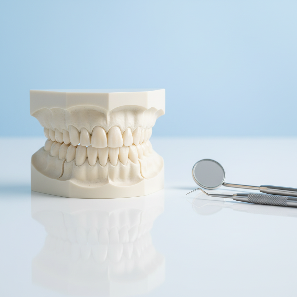 A close-up, photographic realism image of a perfectly aligned set of dental models showing upper and lower arches with natural ivory-toned teeth, each tooth surface rendered in fine detail with subtle translucency at the edges. The models rest on a pristine, glossy white surface beside a polished stainless steel dental mirror and explorer tool, carefully parallel to each other. Cool, even studio lighting from above and slightly from the side creates soft reflections on the instruments and gentle shadows beneath the models. The background falls into a smooth, soft-focus gradient of pale blue and white, evoking a clean, clinical environment. Captured from a slightly elevated angle with shallow depth of field, the mood is precise, professional, and focused on dental excellence and meticulous attention to detail.